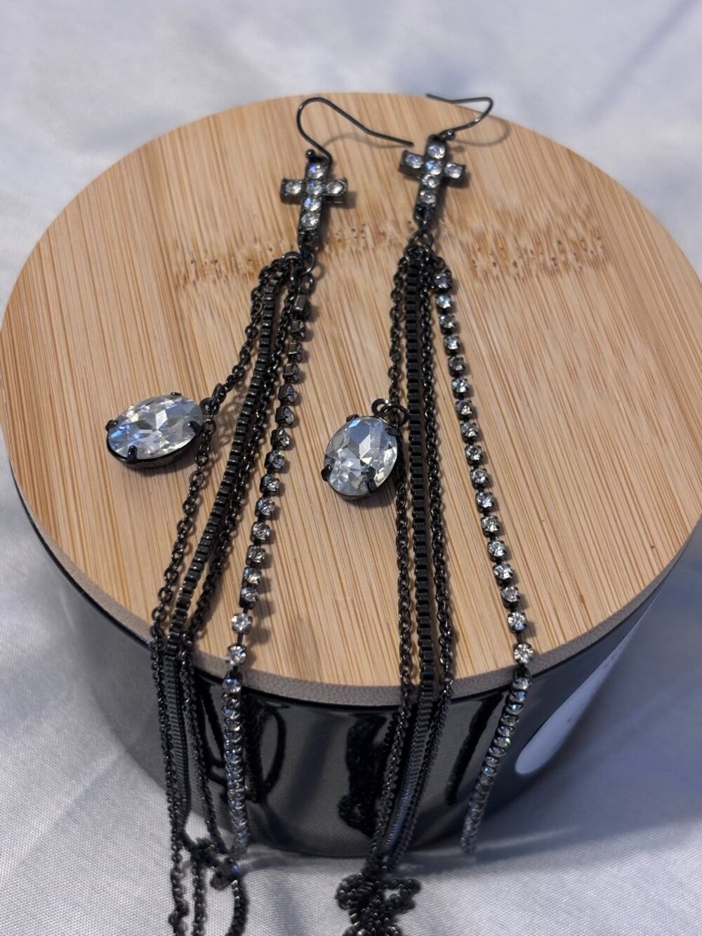 Extra Long Black Cross Rhinestone Chain Dangle Earrings Statement Gothic Y2K